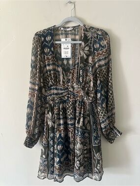 Zara Long Sleeve Floral-Print Mini Dress in Olive, Navy & Brown